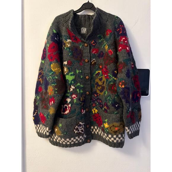 Rare Vintage GAP Hand-Knit Wool Cardigan Bold Floral SzL - Picture 2 of 9